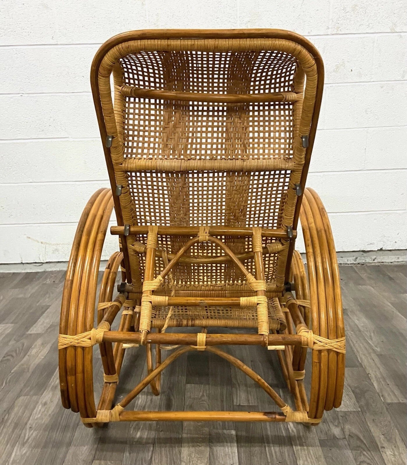 Vintage Boho Bentwood Adjustable Reclining Rattan Cane Chaise Lounge Chair