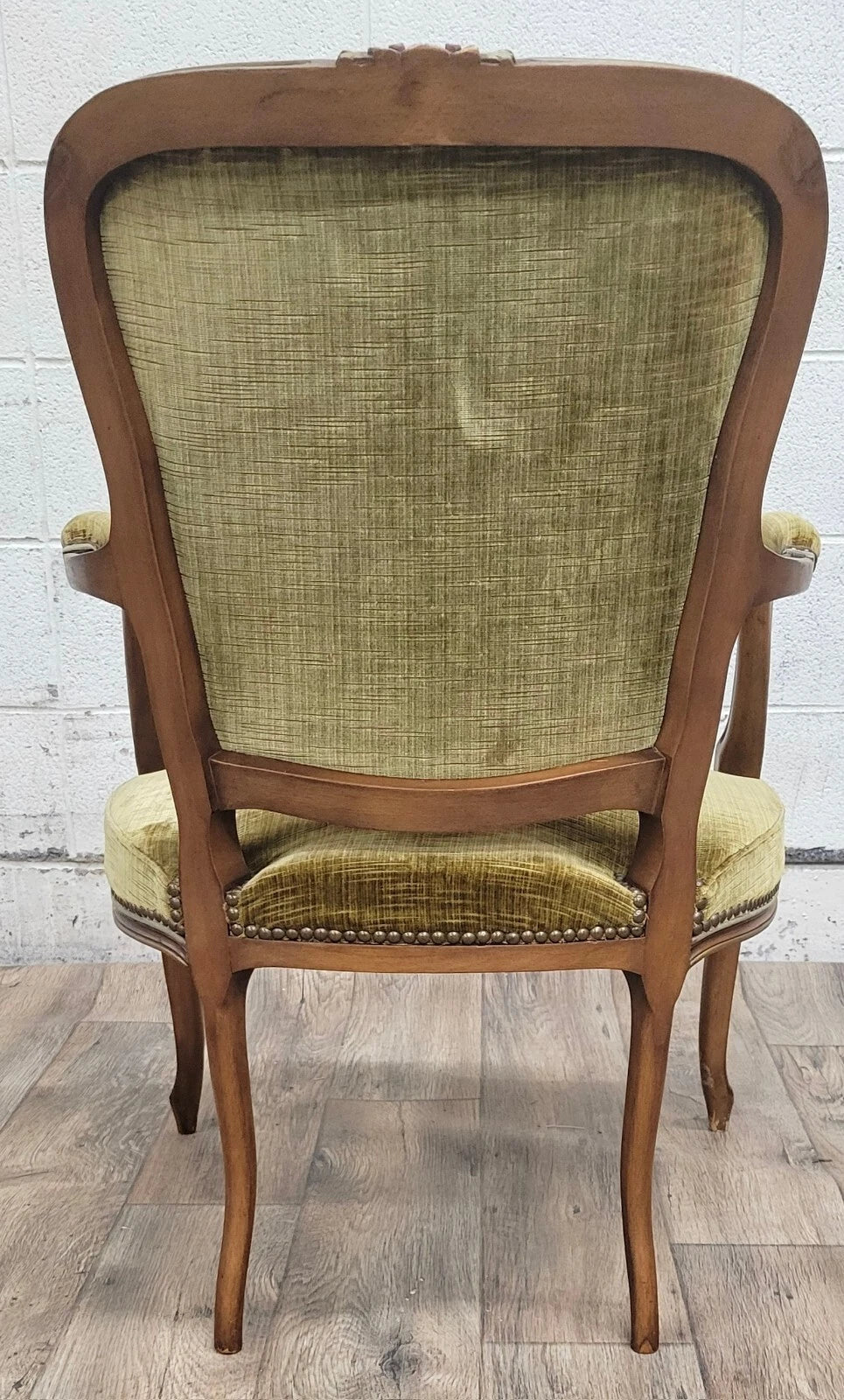 Vintage French Louis XV Style Green Upholstered Fauteuil Armchair
