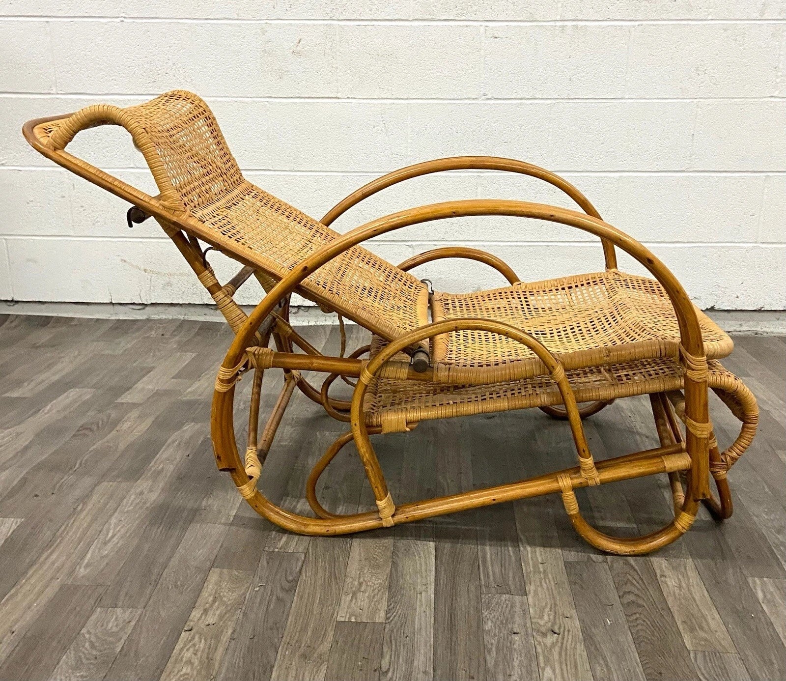 Vintage Boho Bentwood Adjustable Reclining Rattan Cane Chaise Lounge Chair