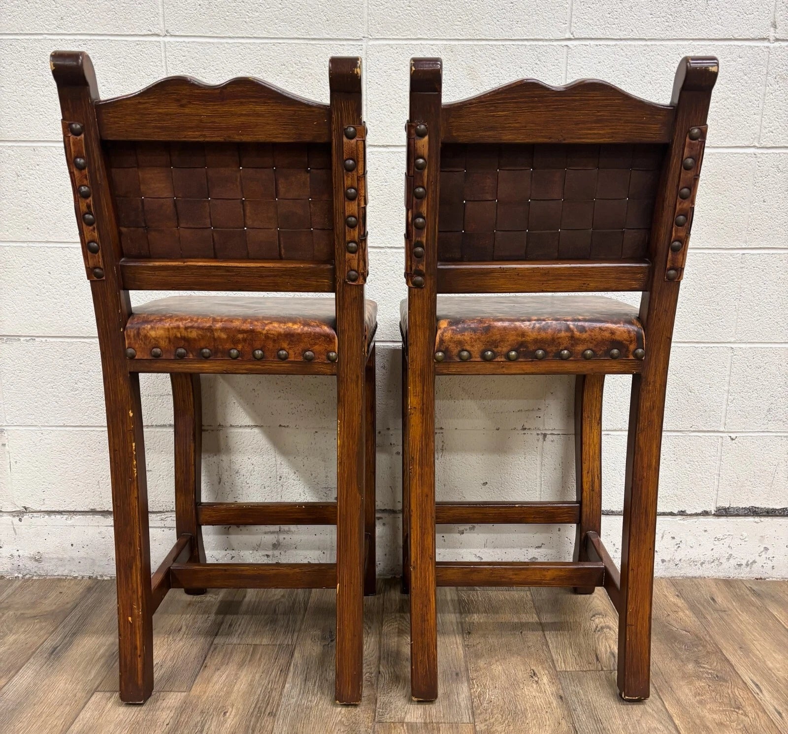 Western Rustic Spanish Colonial Leather and Nailhead Barstools - Pair