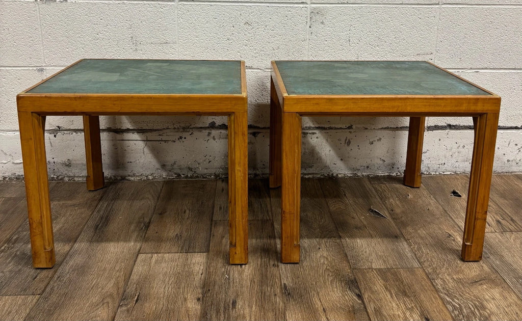 Vintage Tommi Parzinger for Charak Green Leather Top End Tables Side Tables
