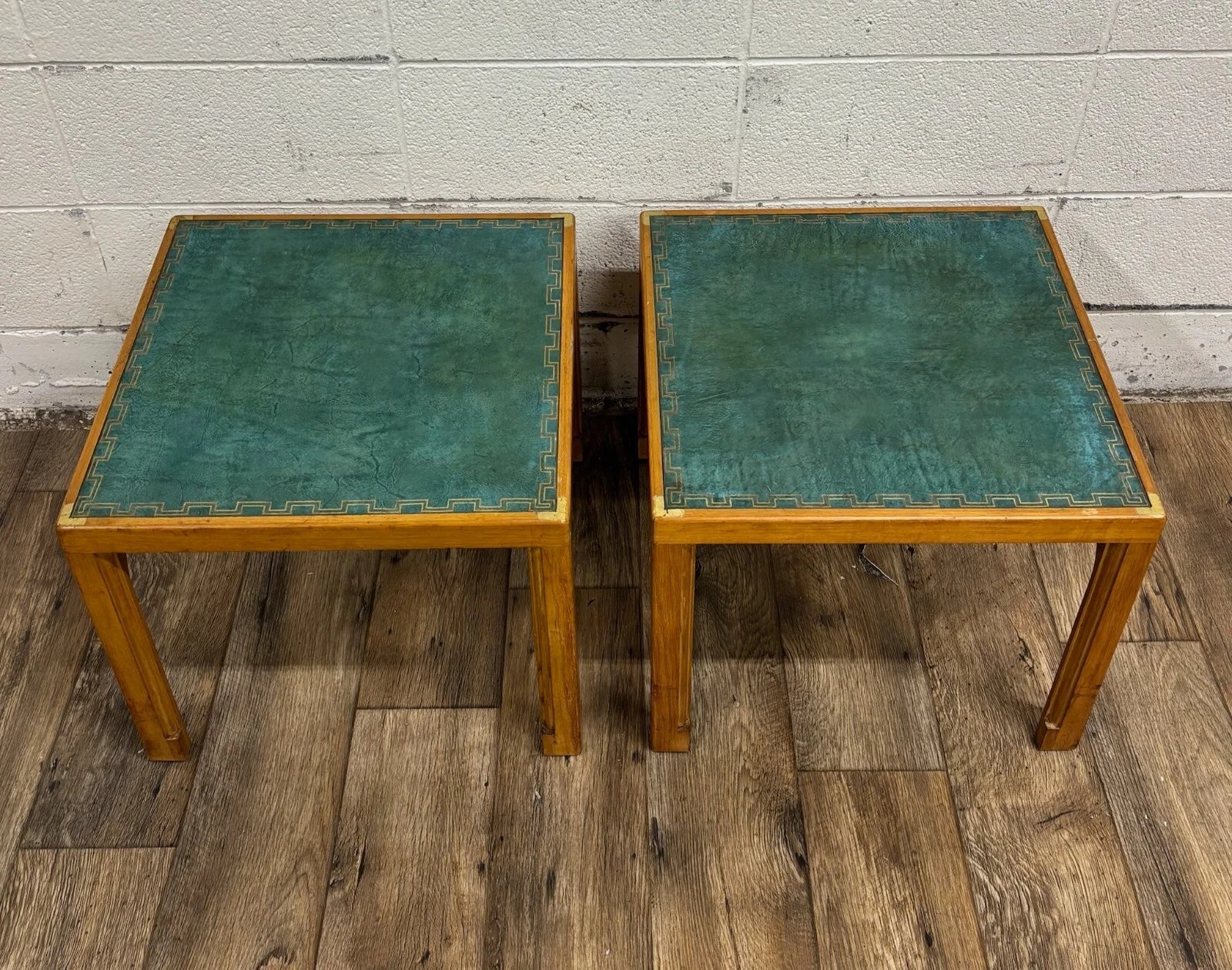 Vintage Tommi Parzinger for Charak Green Leather Top End Tables Side Tables