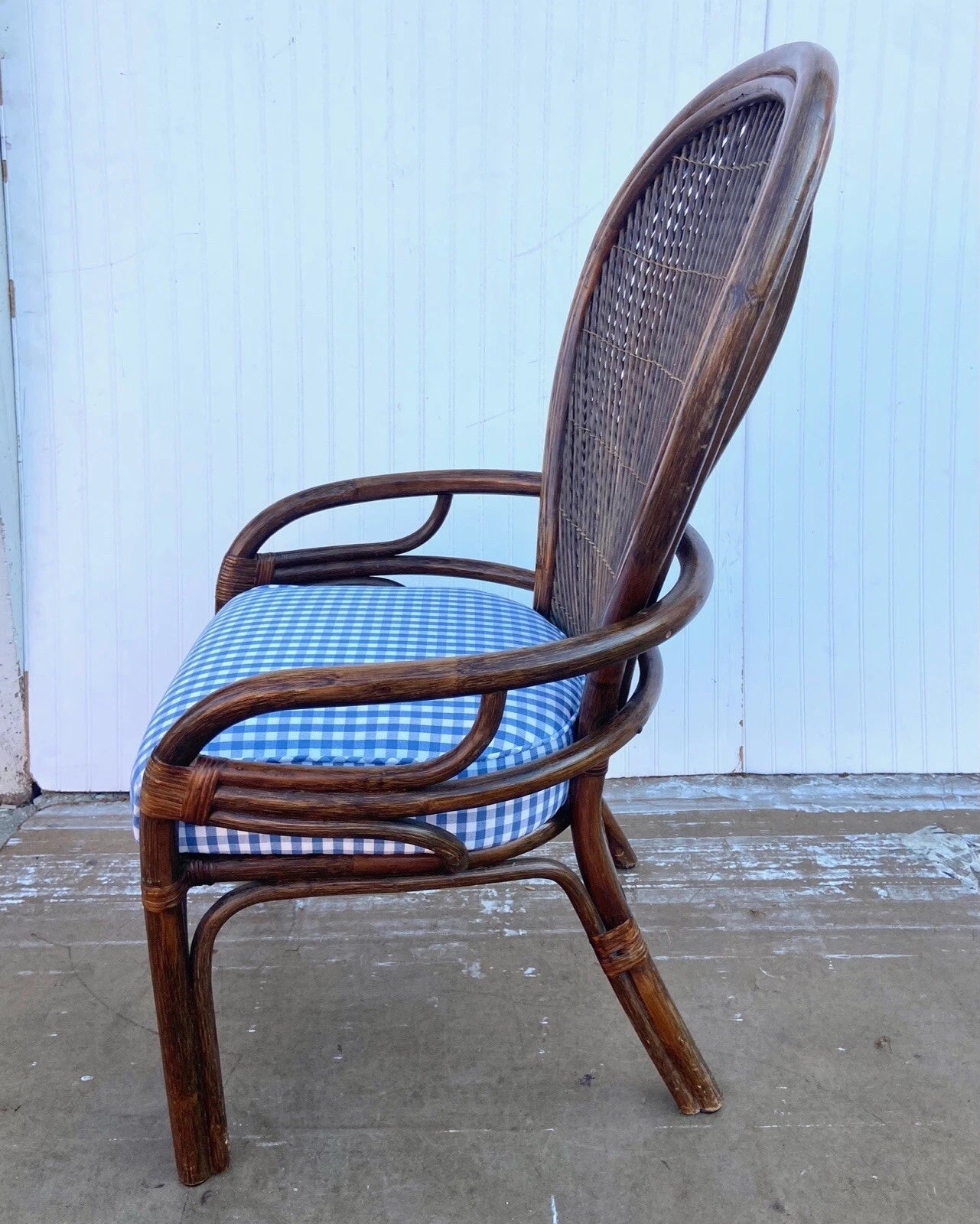 Boho Bentwood Rattan and Cane Chair With Blue Gingham Cushion