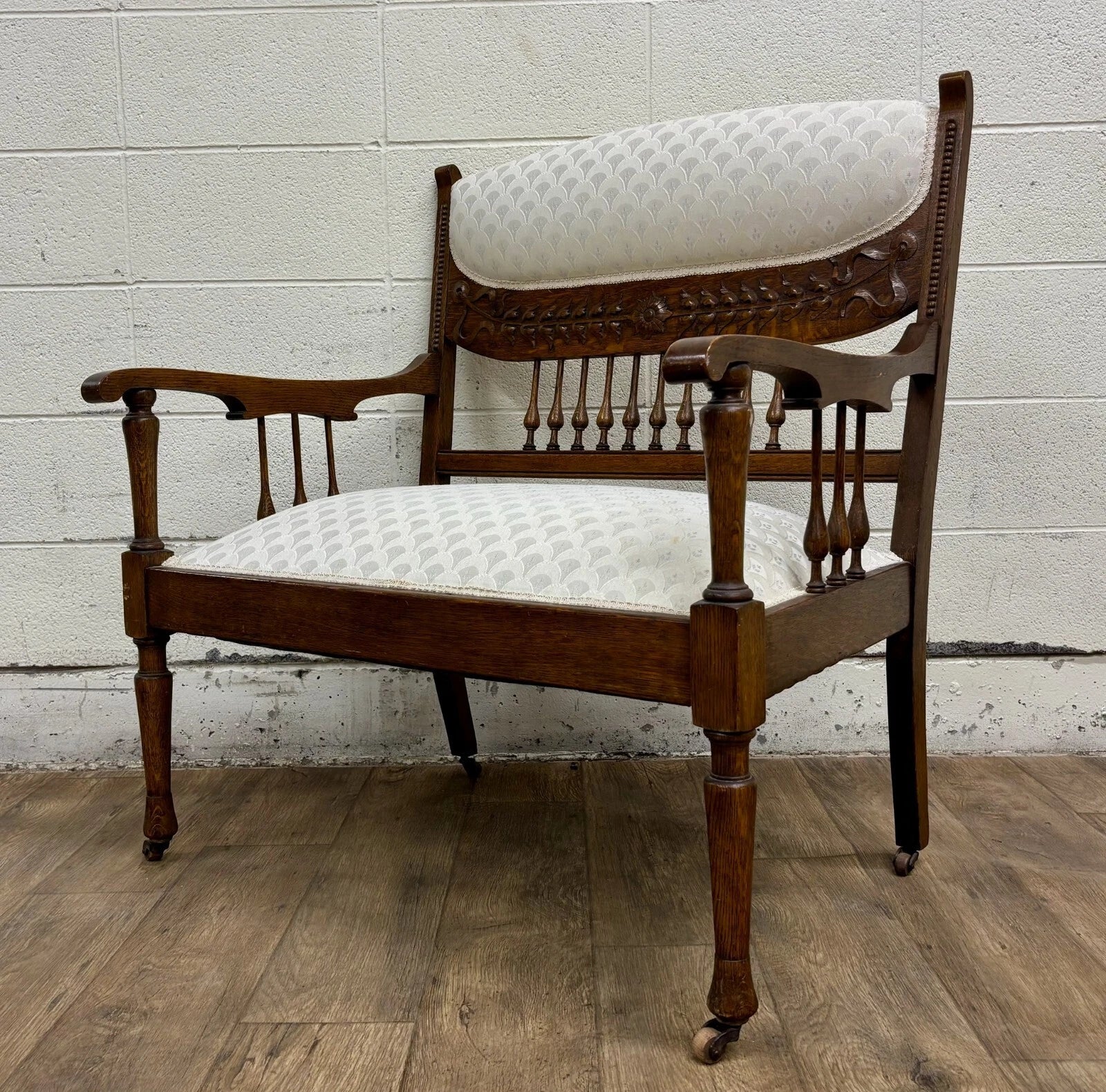 Antique Carved Spindle Back Carved Upholstered Settee