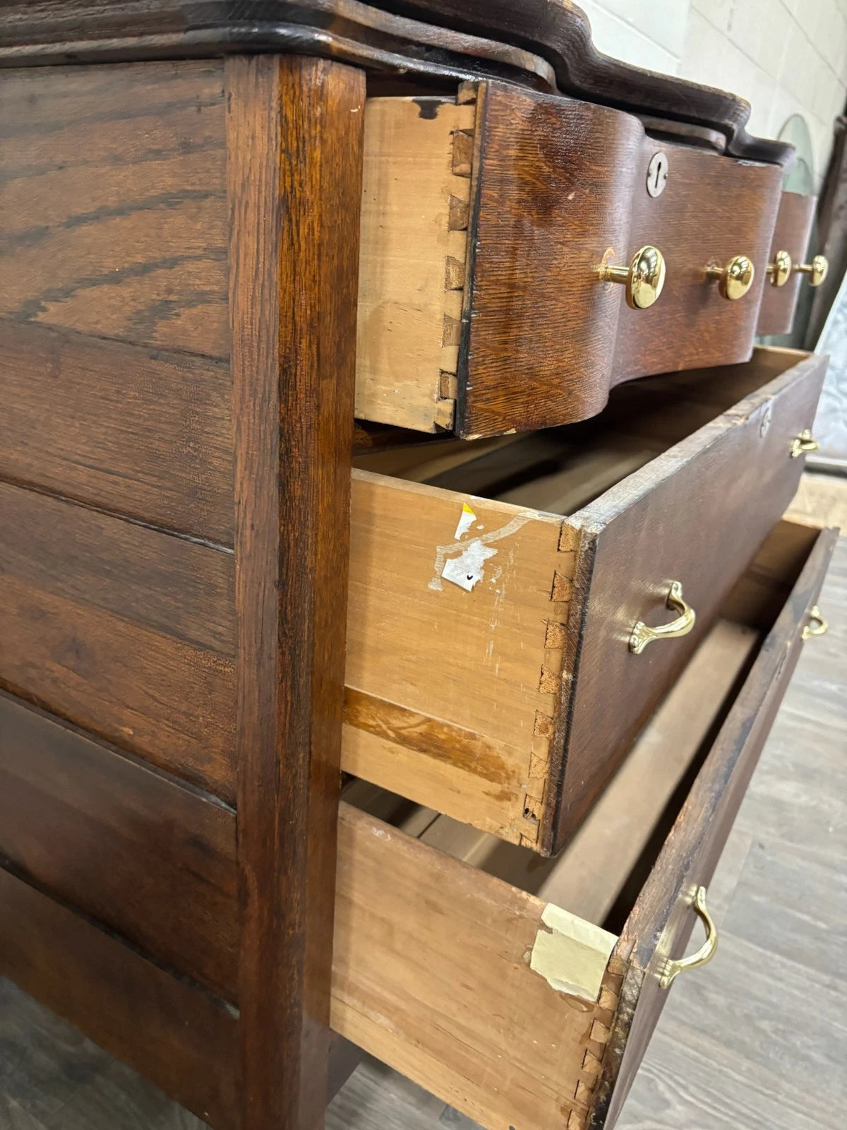 Antique Late Victorian Edwardian Serpentine Oak Dresser with Removable Mirror