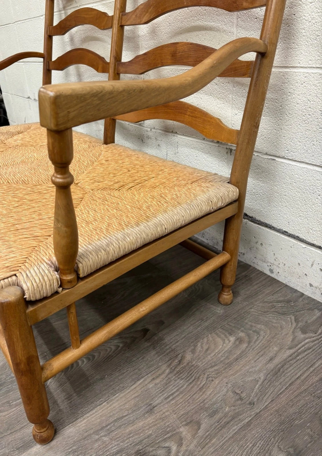 Vintage Country French Double Seat Ladder Back Rush Seat Bench Loveseat Settee