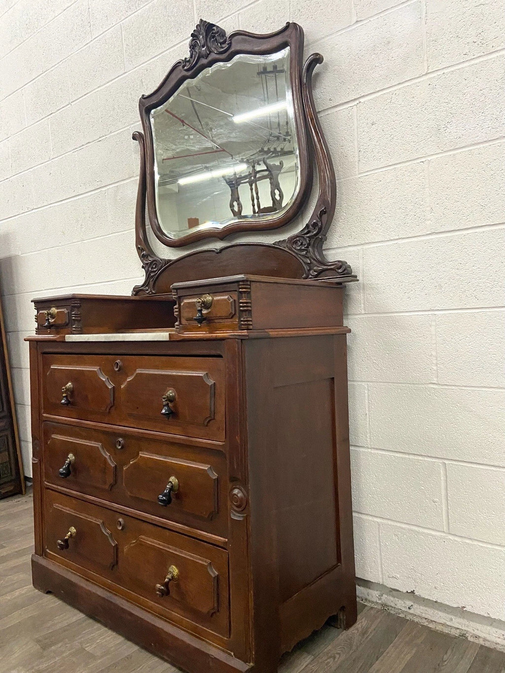 Antique Victorian Walnut and Marble Five Drawer Dresser With Mirror