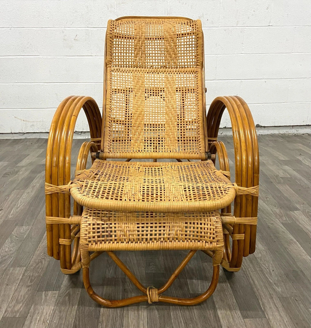Vintage Boho Bentwood Adjustable Reclining Rattan Cane Chaise Lounge Chair