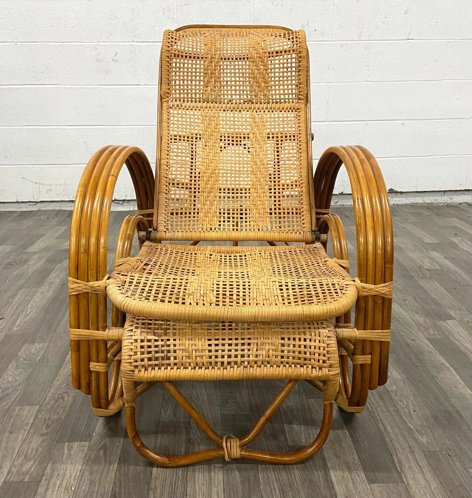 Vintage Boho Bentwood Adjustable Reclining Rattan Cane Chaise Lounge Chair