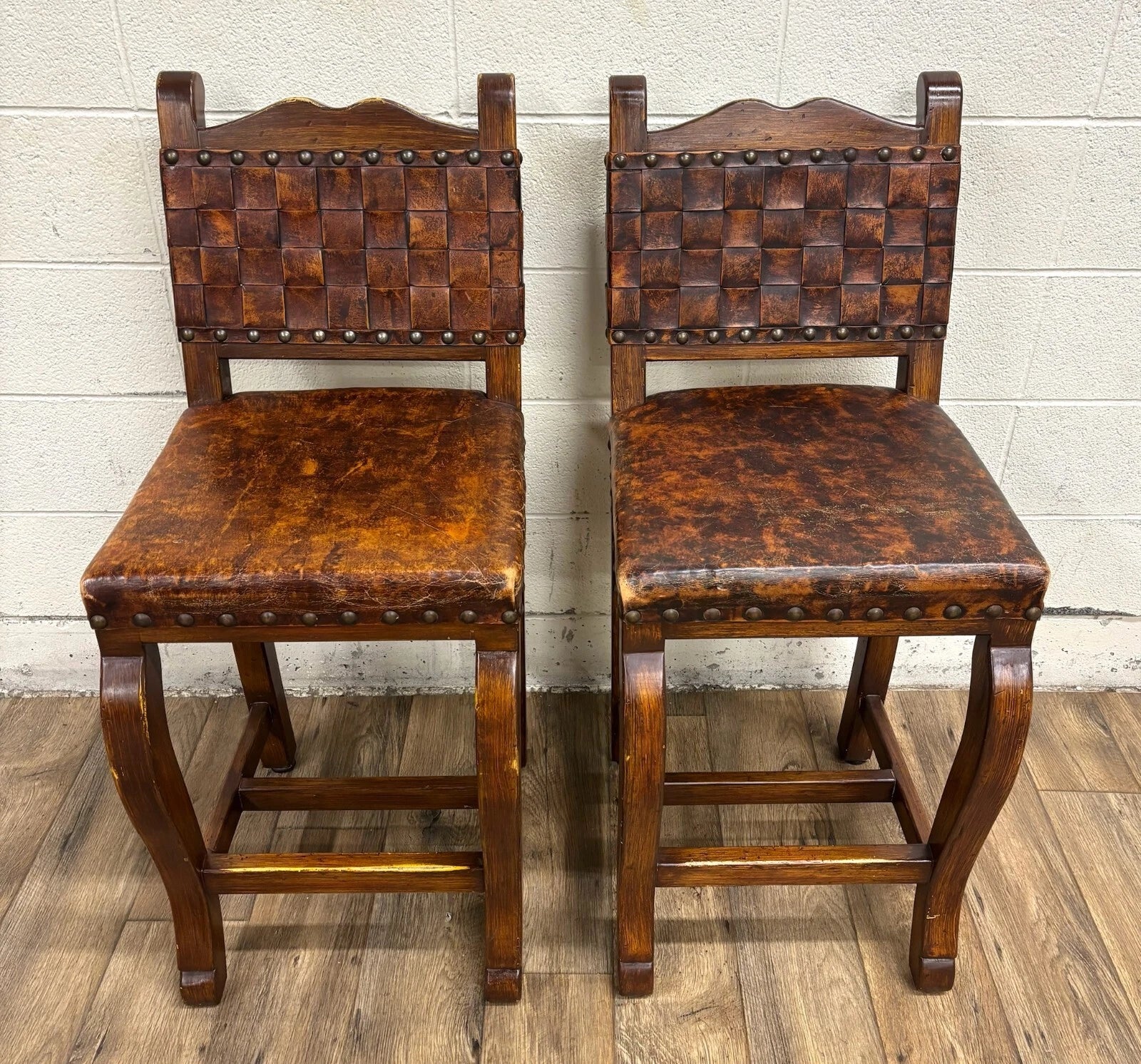 Western Rustic Spanish Colonial Leather and Nailhead Barstools - Pair