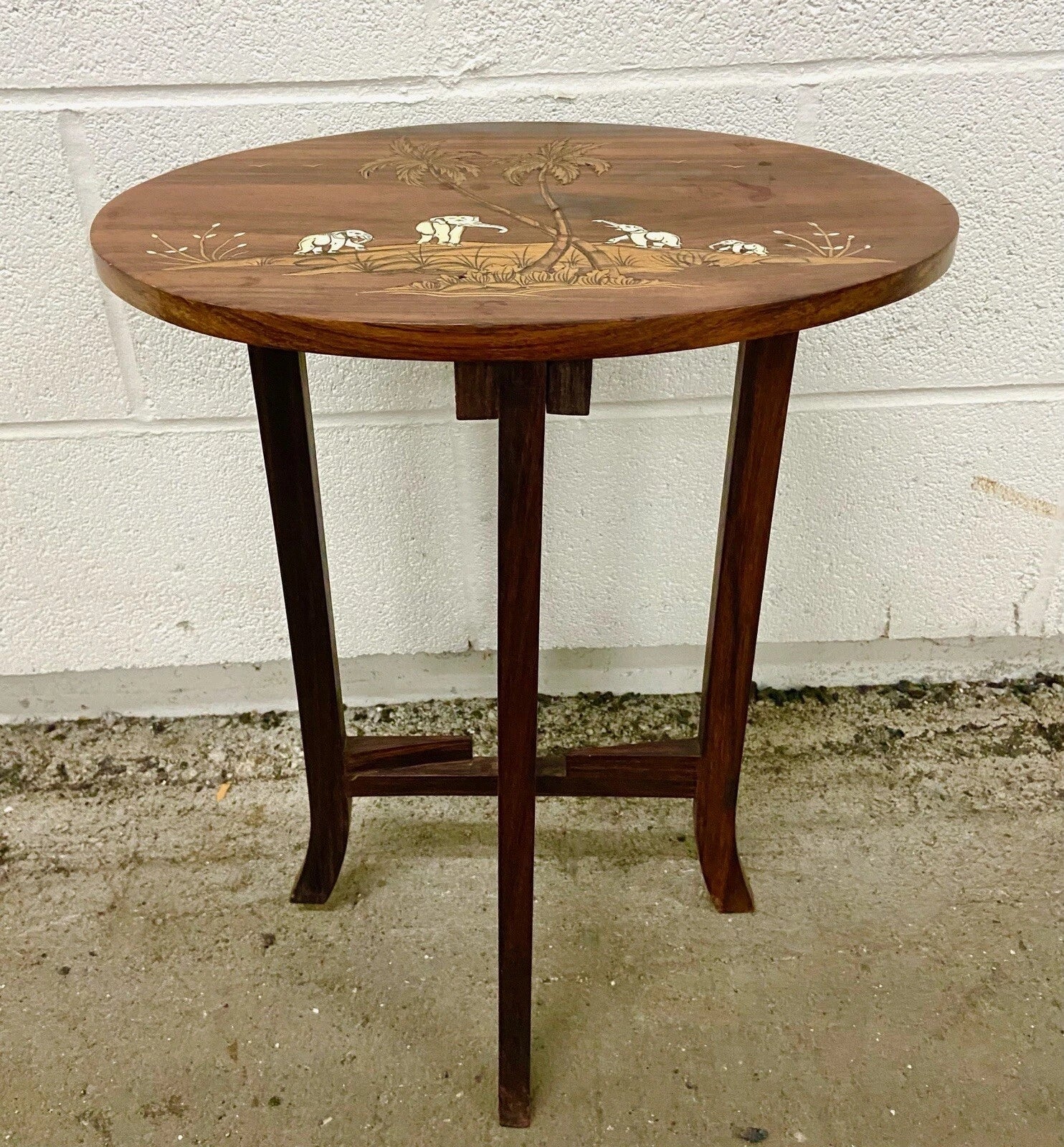 Vintage Shibayama Style Hardwood Side Table with Inlaid Elephant Scene